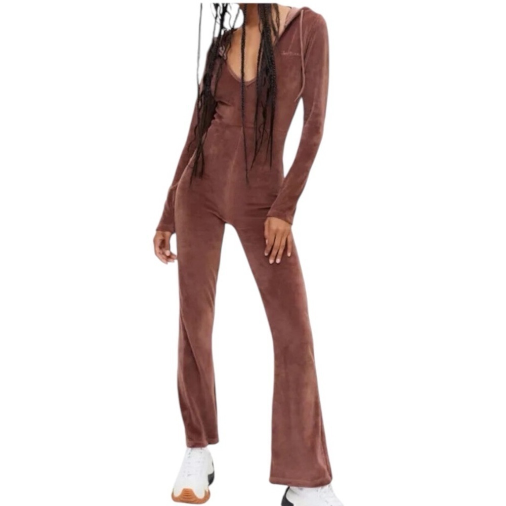 URBAN OUTFITTERS Size M IETS FRANS Velour Kenny Jumpsuit Catsuit Hoodie Brown